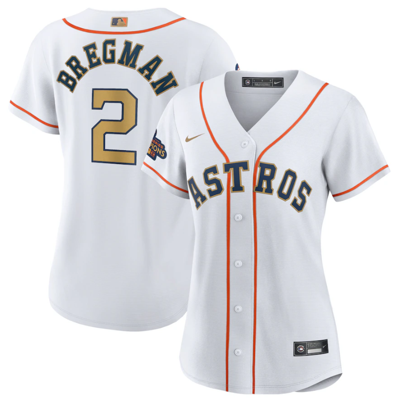Women's Houston Astros #2 Alex Bregman White 2023 Gold Collection With World Serise Champions Patch Stitched Jersey(Run Small)